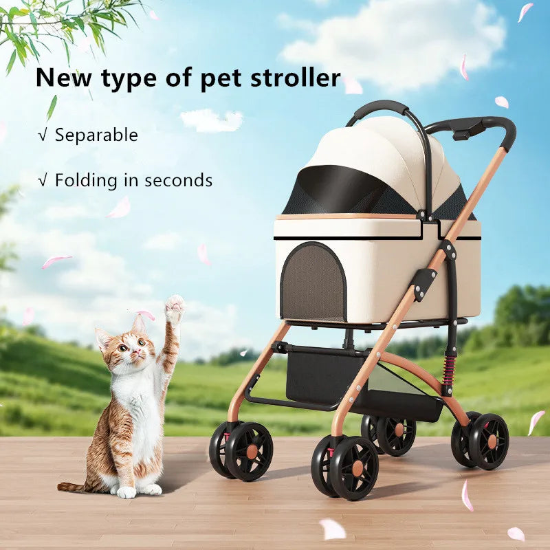 3-in-1 Pet Trolley Portable Folding Cat Dog Stroller Detachable Carry Basket Pet Trolley for Small and Medium-sized Dog Cat