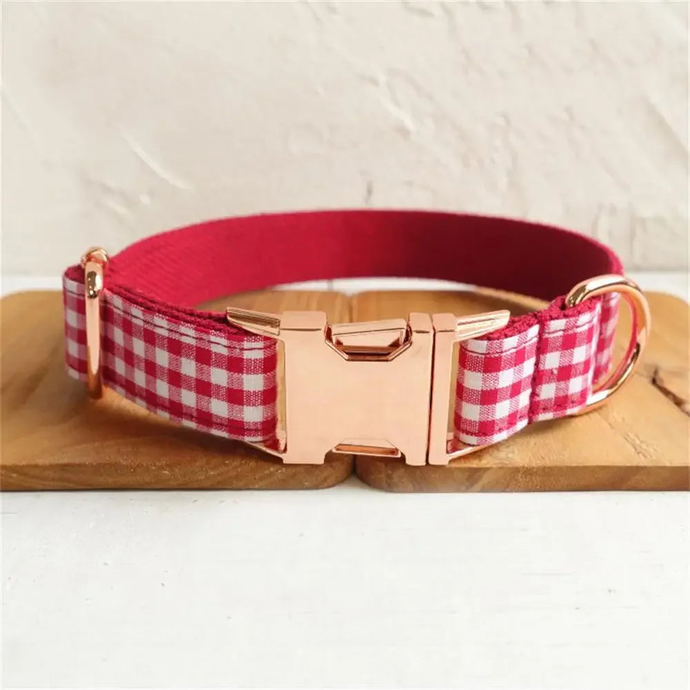 Personalized Pet Collar Customized Nameplate ID Tag Adjustable White Red Plaid Cat Dog Collars Lead Leash