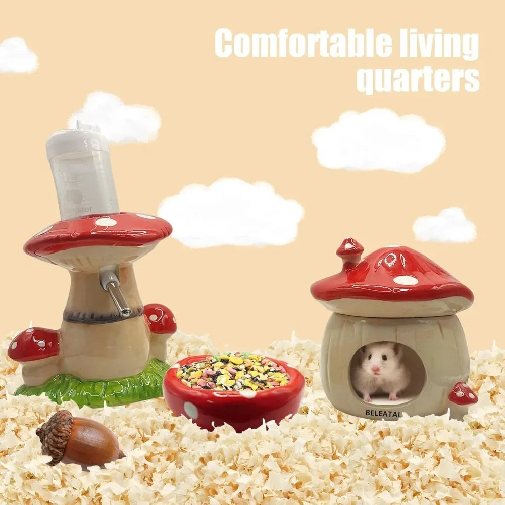 Mushroom Ceramic Hamster Hideout Water Bottle with Stand Food Bowl Hamster Accessories Golden Bear Furniture Sleephouse House