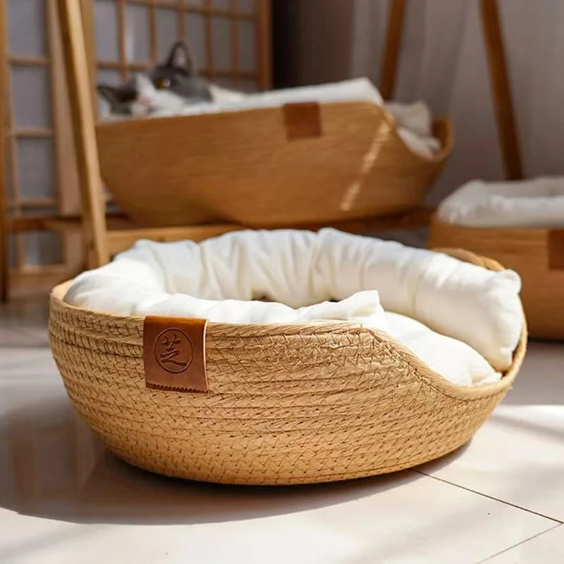 Pet Bed Kennel for Cat Puppy Dog Beds Sofa Handmade Bamboo Weaving Cat Cozy Nest Pet Accessaries