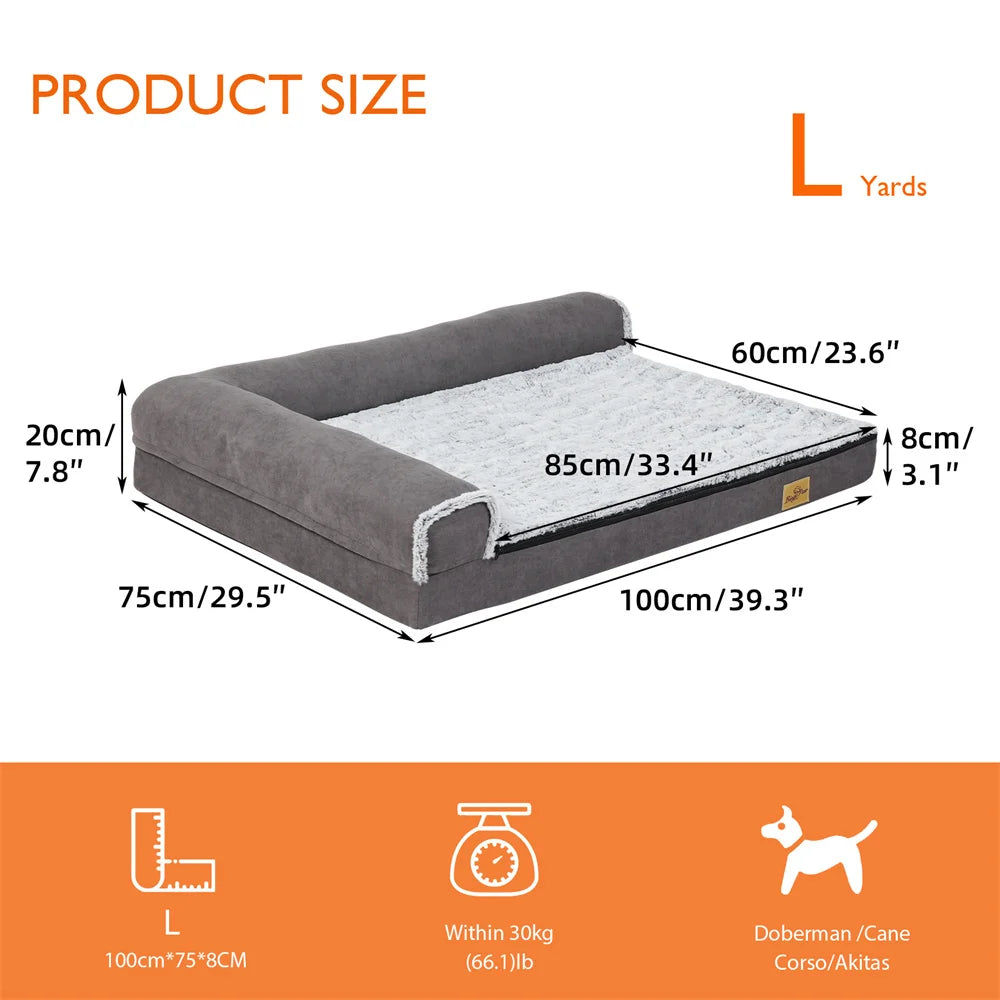 XXL XL Large Orthopedic Dog Bed Chaise Lounge Pillow Headrest Pet Bed Sofa Couch L-Shape Bolster with Removable Washable Cover