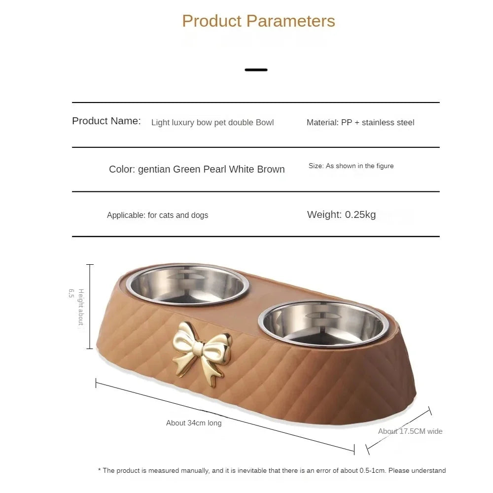 Pet Cat Food Bowl PP Base Bow-tie Bowknot Cat Feeder Stainless Steel Double Bowl Dog Food Feeding Drinking Container Pet Supplie