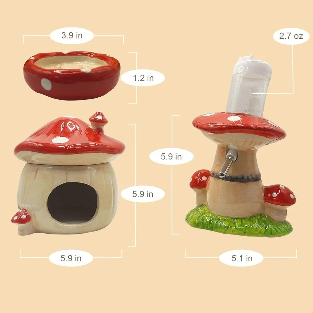 Mushroom Ceramic Hamster Hideout Water Bottle with Stand Food Bowl Hamster Accessories Golden Bear Furniture Sleephouse House