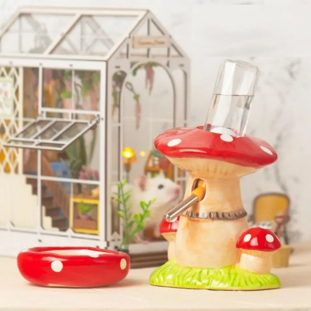 Mushroom Ceramic Hamster Hideout Water Bottle with Stand Food Bowl Hamster Accessories Golden Bear Furniture Sleephouse House
