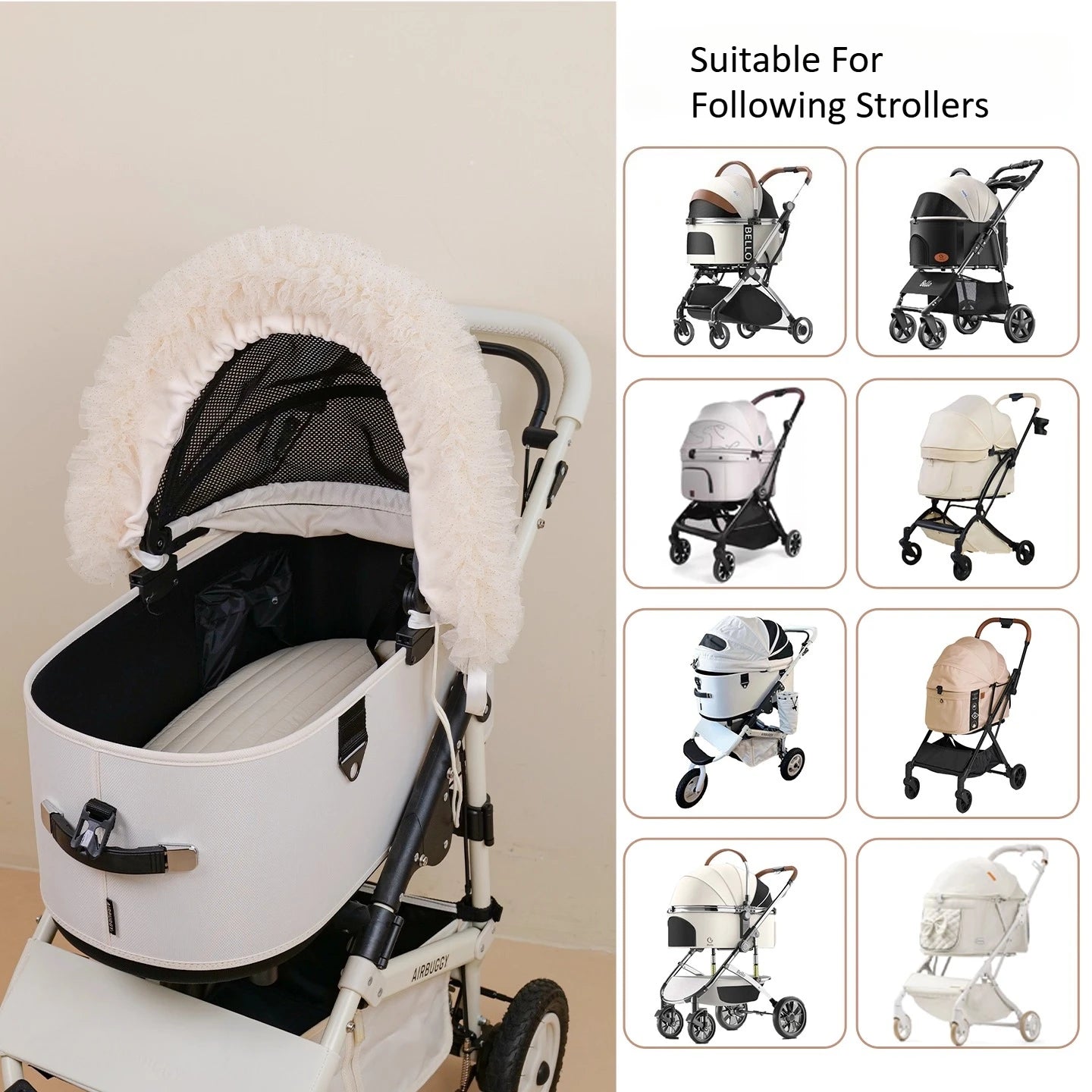 Stylish Lace Sunshade Mesh Cover For Pet Stroller,Dog Stroller Edge Cover-For Clean Cozy Outdoor Stroller Ride, Washable