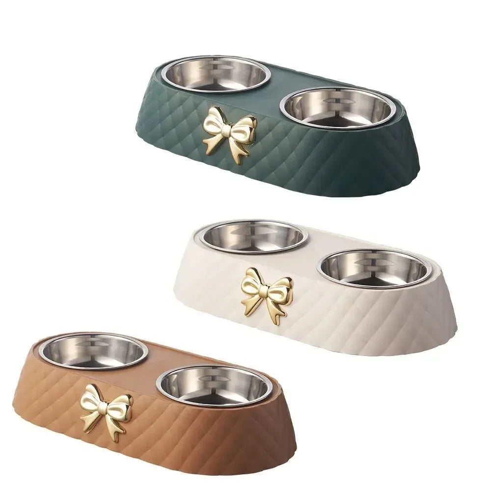 Pet Cat Food Bowl PP Base Bow-tie Bowknot Cat Feeder Stainless Steel Double Bowl Dog Food Feeding Drinking Container Pet Supplie