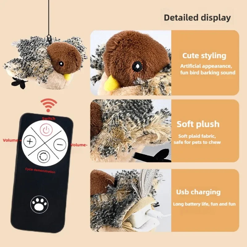 Interactive Cat Toys Rechargeable Flying Bird Cat Toy Chirping Flapping Bird Cat Toy with 3 Levels Adjustable with Remote