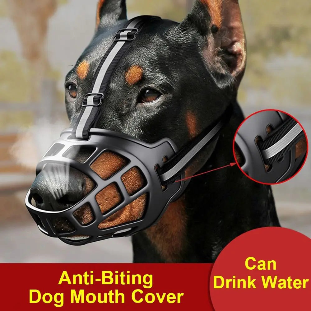 Adjustable Dog Muzzle Anti-Biting Dog Mouth Cover With Reflective Strip Can Drink Water Breathable Plastic