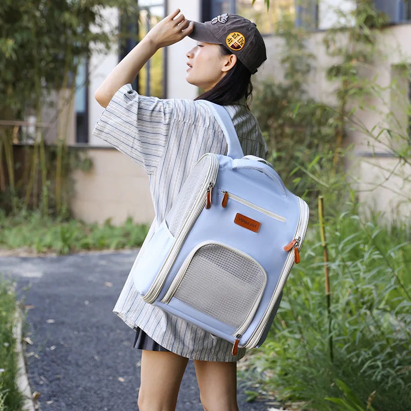 Amazon portable pet bag for outings  mesh grids  oxford cloth cat and dog bag  breathable and foldable backpack  pet outing bag