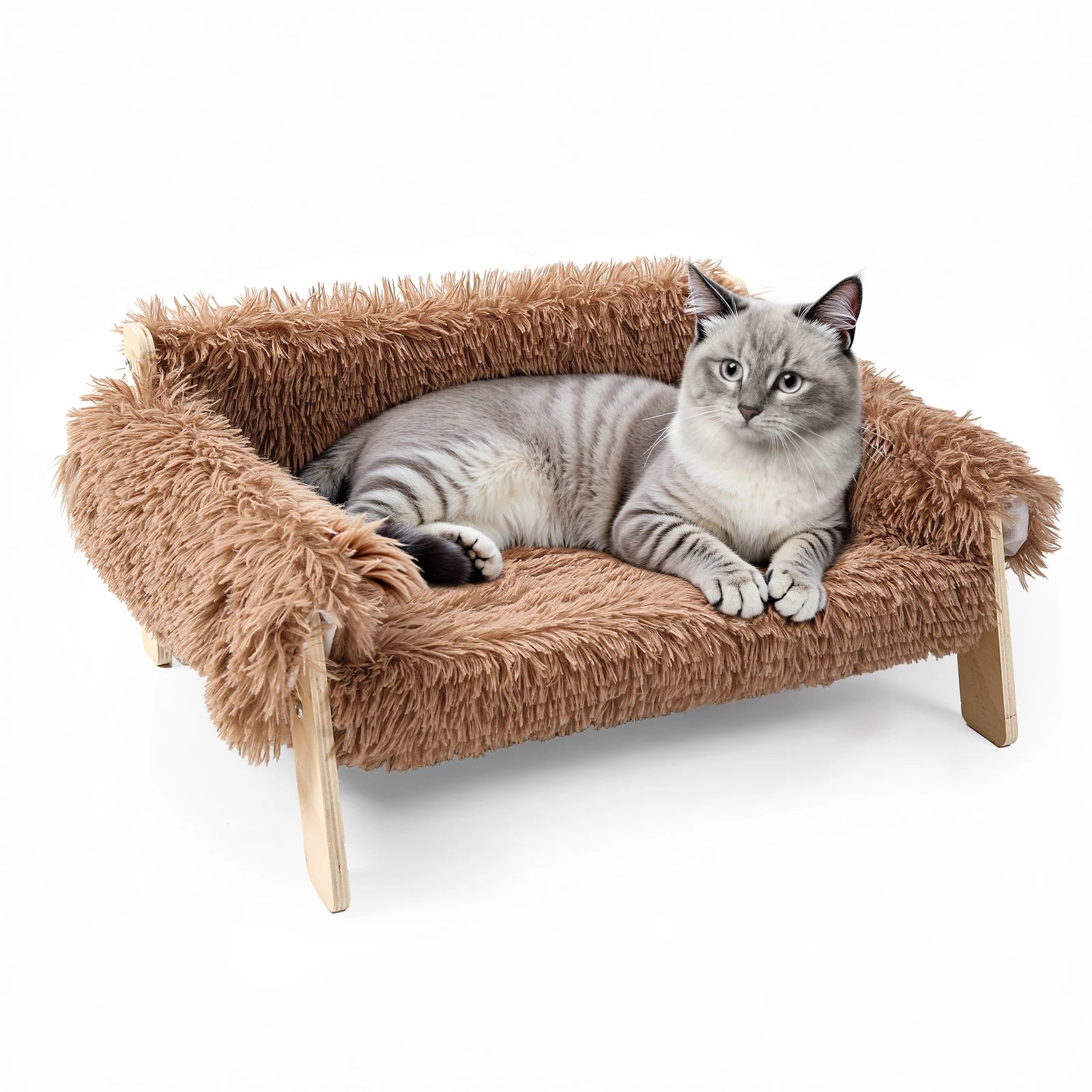 Large Cat Bed Sturdy Wooden Leg Raised Plush Cat Sofa Bed Kitten Bed for Indoor Cats - Soft Cat Couch