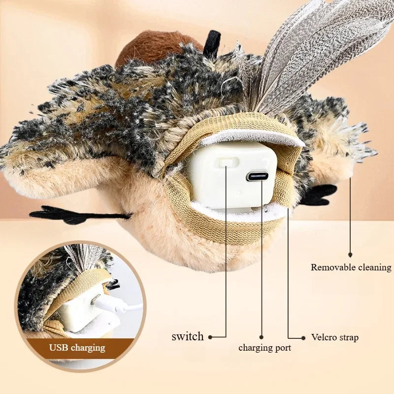 Interactive Cat Toys Rechargeable Flying Bird Cat Toy Chirping Flapping Bird Cat Toy with 3 Levels Adjustable with Remote