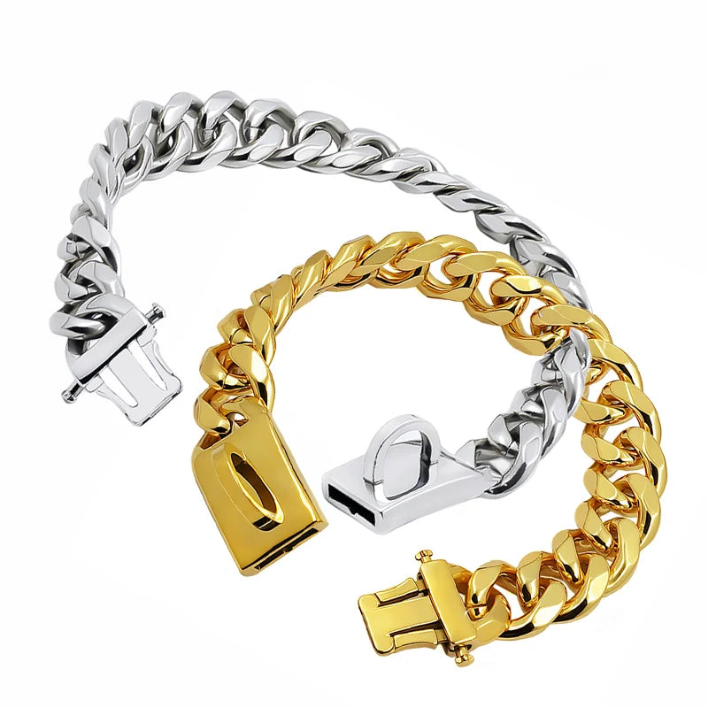 Gold Dog Collar Stainless Steel Pet Metal Choker 19mm Wide Lead for Medium Large Dogs Pet French bulldog Labrador Retriever