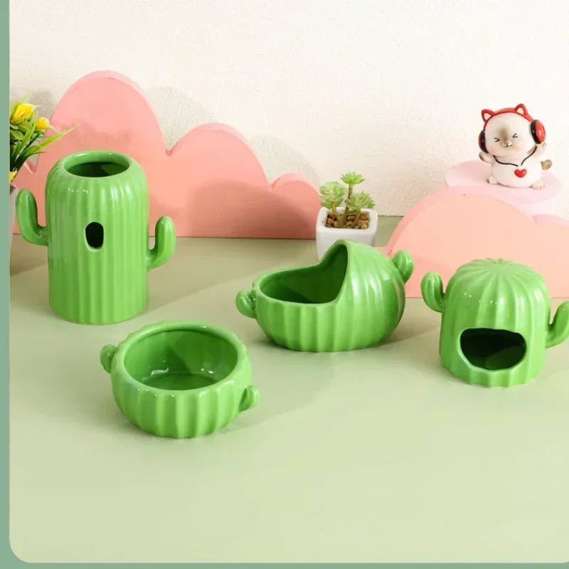 Hamster Ceramic Nest Green Cactus Theme Feeding Bowl Water Bottle Holder Golden Bear Cooling House Landscape Supplies