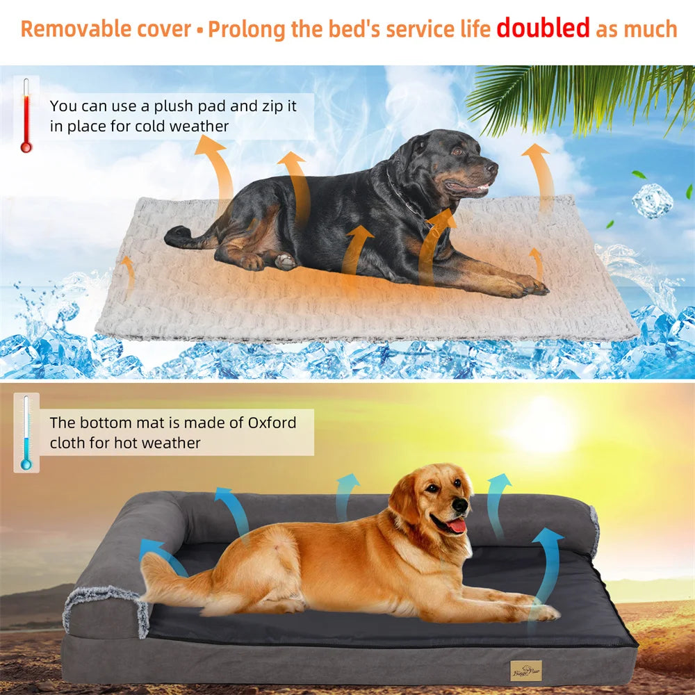 XXL XL Large Orthopedic Dog Bed Chaise Lounge Pillow Headrest Pet Bed Sofa Couch L-Shape Bolster with Removable Washable Cover