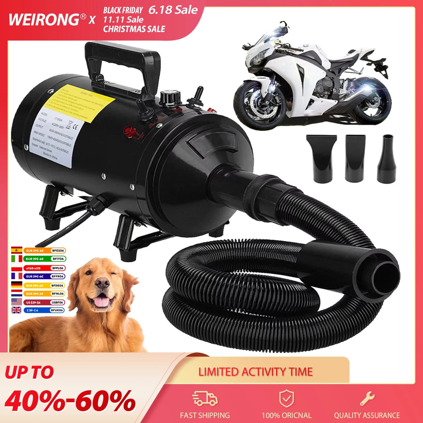 VickyHome Motorcycle Car Bike Vechicle Power Dryer, Portable Blower & Blaster Pet Dog Grooming Dryer- Dry and Dust