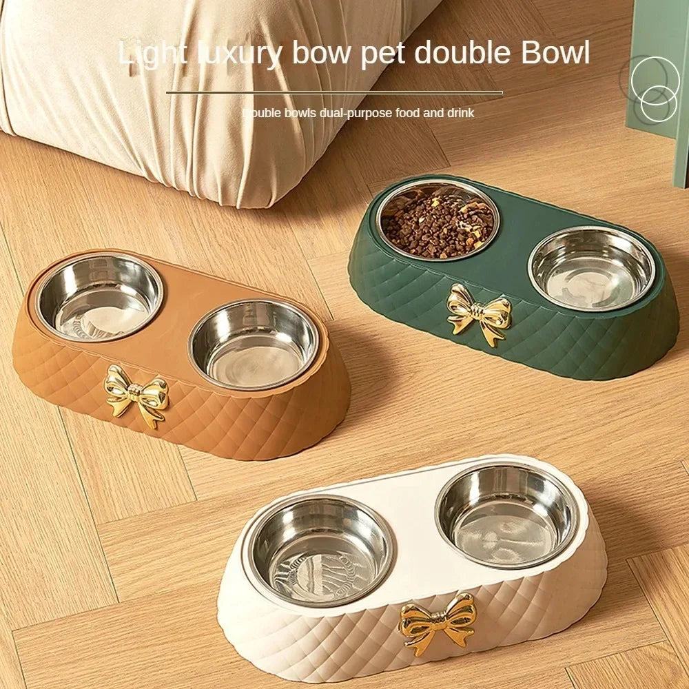 Pet Cat Food Bowl PP Base Bow-tie Bowknot Cat Feeder Stainless Steel Double Bowl Dog Food Feeding Drinking Container Pet Supplie