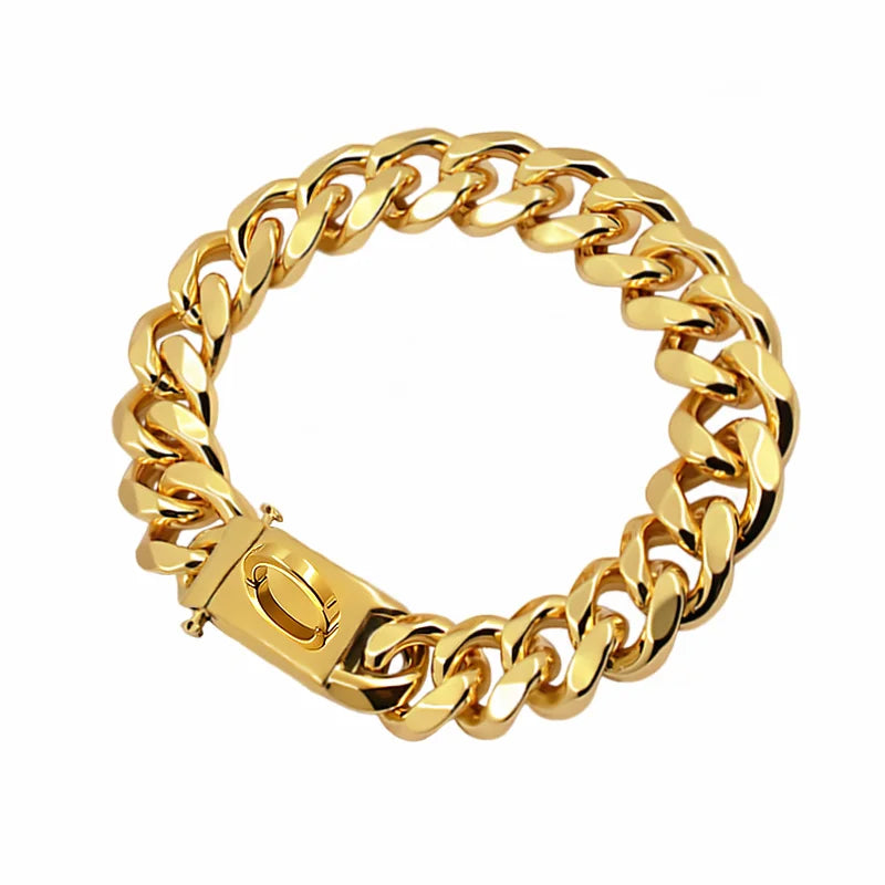 Gold Dog Collar Stainless Steel Pet Metal Choker 19mm Wide Lead for Medium Large Dogs Pet French bulldog Labrador Retriever