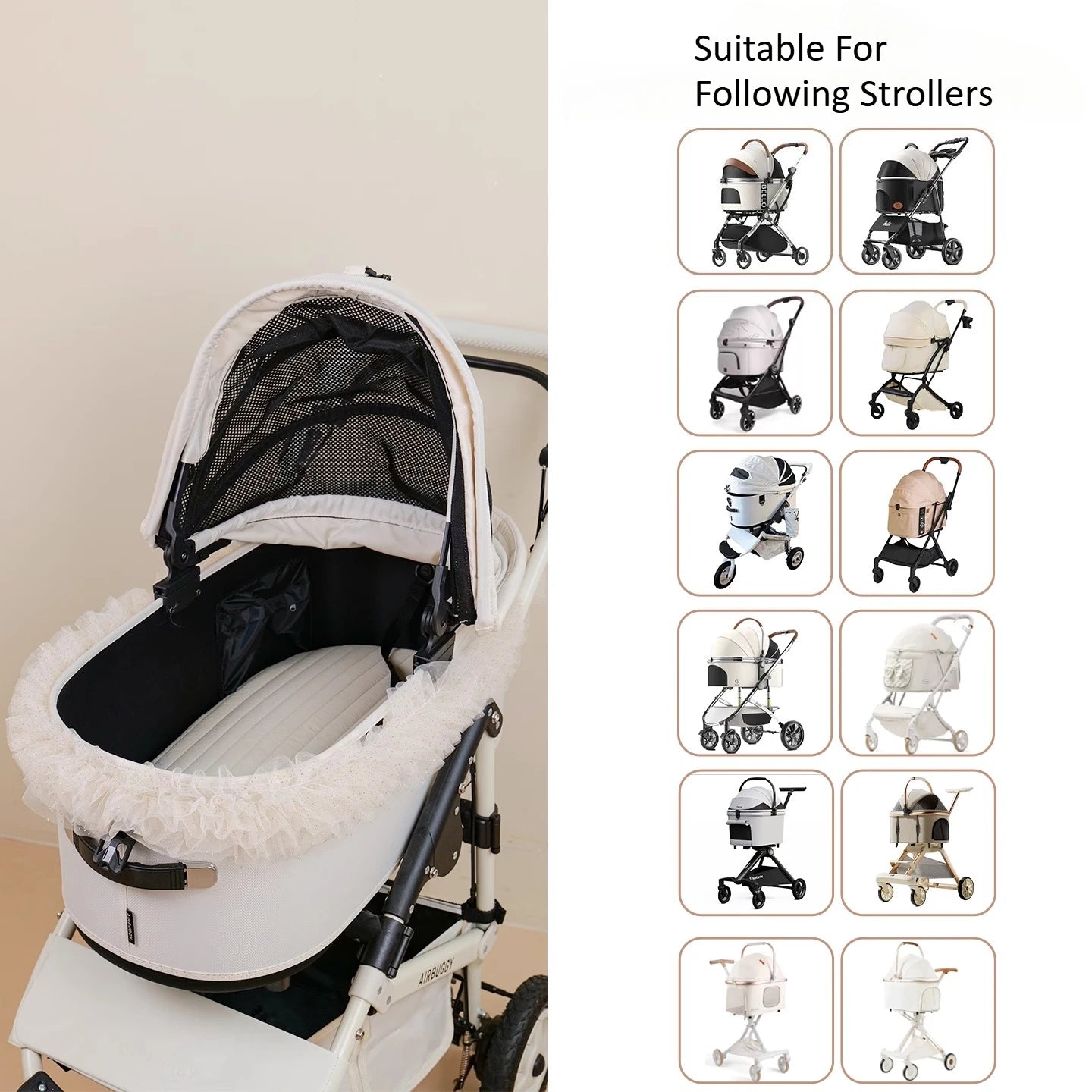 Stylish Lace Sunshade Mesh Cover For Pet Stroller,Dog Stroller Edge Cover-For Clean Cozy Outdoor Stroller Ride, Washable