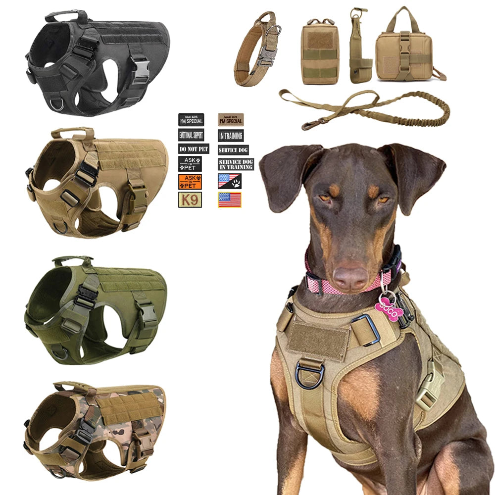 Large Dog Tactical Harness Collar Leash Molle Pouches Pet Training Vest Military German Shepherd Harnesses Dogs Accessories