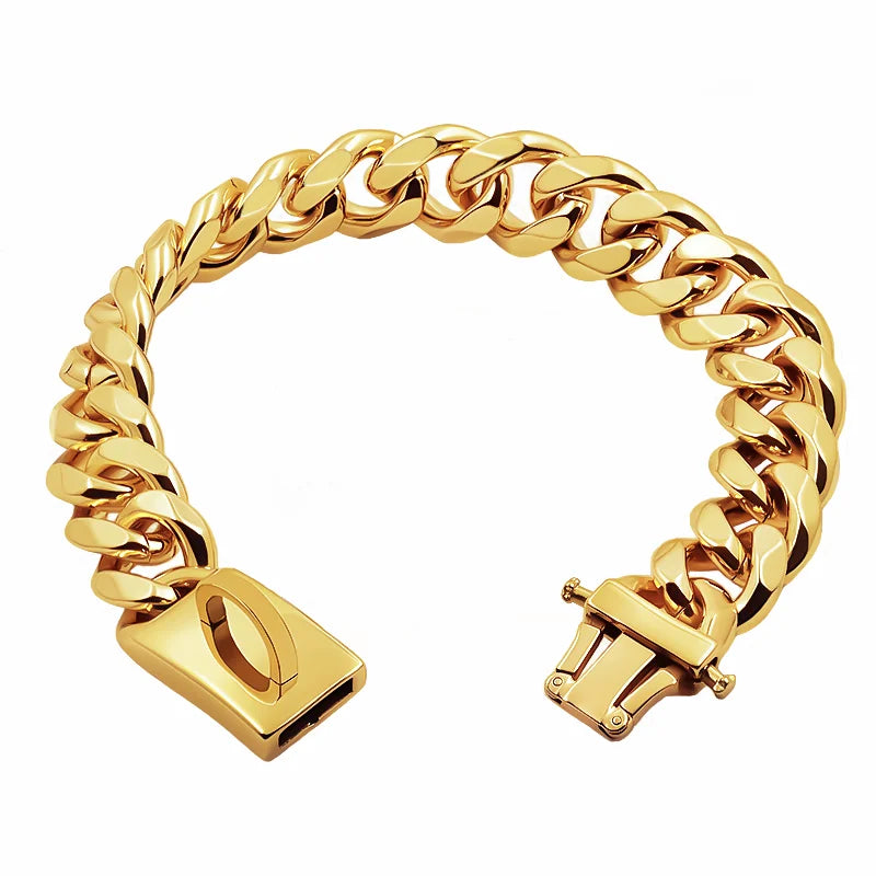 Gold Dog Collar Stainless Steel Pet Metal Choker 19mm Wide Lead for Medium Large Dogs Pet French bulldog Labrador Retriever